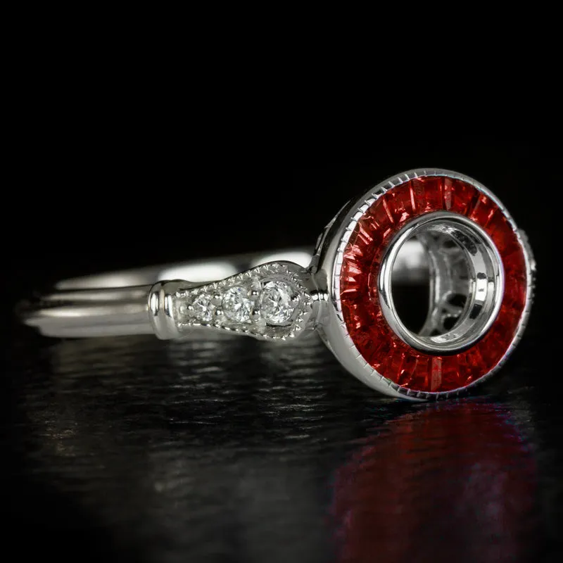 ART DECO NATURAL RUBY DIAMOND HALO ENGAGEMENT RING SETTING 5mm ROUND SEMI MOUNT