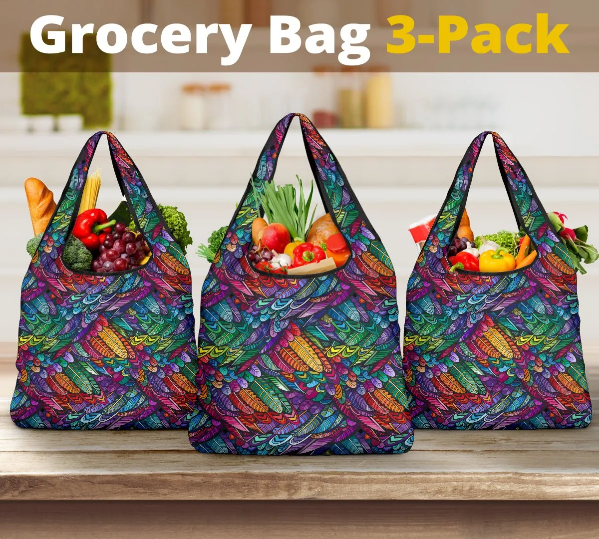 Boho Feather Reusable Grocery Bags Set