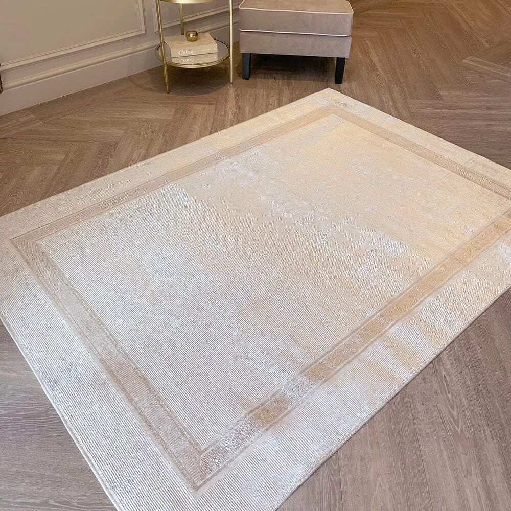 In Stock - Cassian Ivory & Gold Bordered Rug - 221 x 160cm