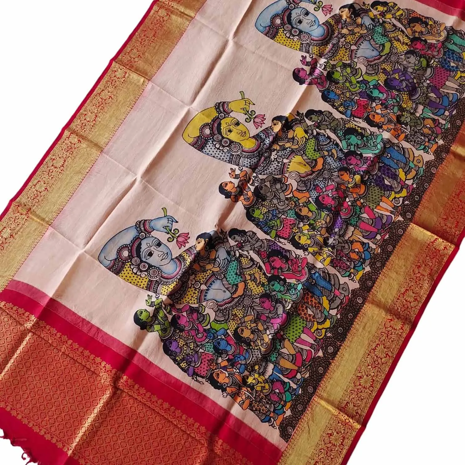 Kalamkari Silk Dupatta with Kanjeevaram Border - Multicolor Pen Design