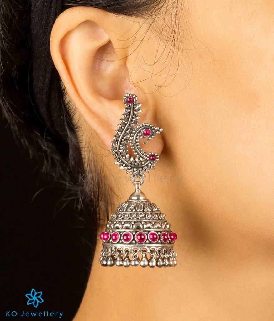 The Mayura Silver Peacock Jhumka (Oxidised)